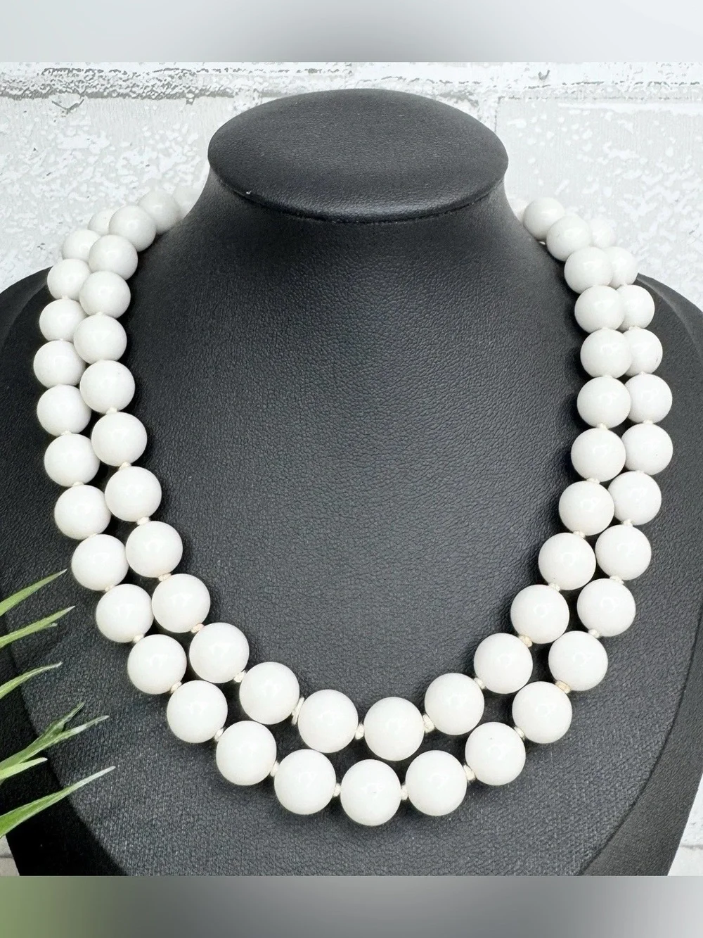 Vintage 60s Japan White Lucite Double Strand Hand Knotted Statement Necklace